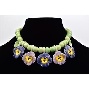 Flying Colors Vintage Pansy Flower Necklace Ceramic Beaded Floral Collar Choker